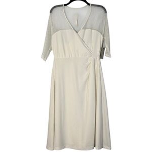 Kiyonna Dress White Mesh Detail Midi Faux Wrap 3/4 Sleeve in Size M/L‎  NWT